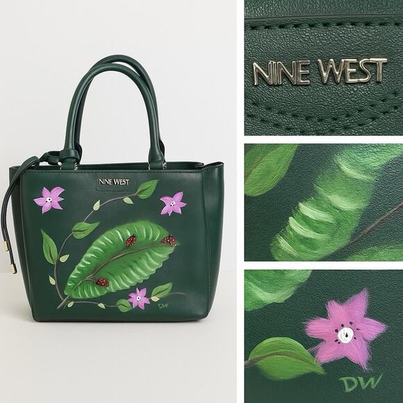 Nine West Green Tote Bag Hand Painted Ladybug Floral Leaf Purse Shoulder Satchel - Picture 1 of 16